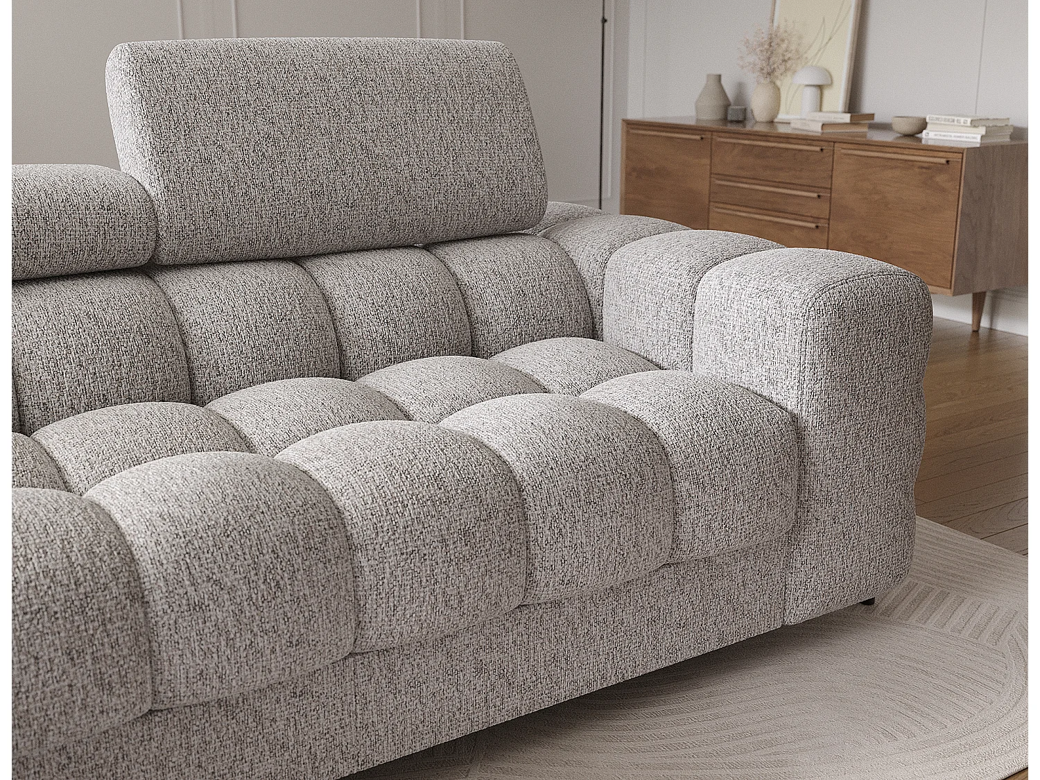 Canapé d’angle convertible tissu appuis-tête réglables KATE – Coffre et pieds métal noir-Gris clair chiné-angle gauche