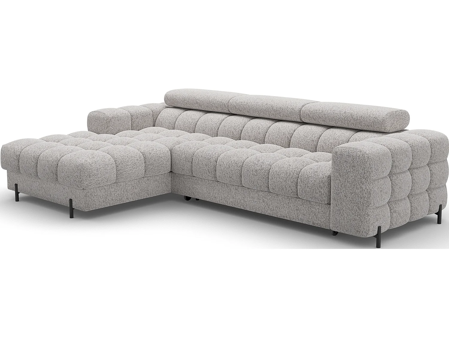 Canapé d’angle convertible tissu appuis-tête réglables KATE – Coffre et pieds métal noir-Gris clair chiné-angle gauche