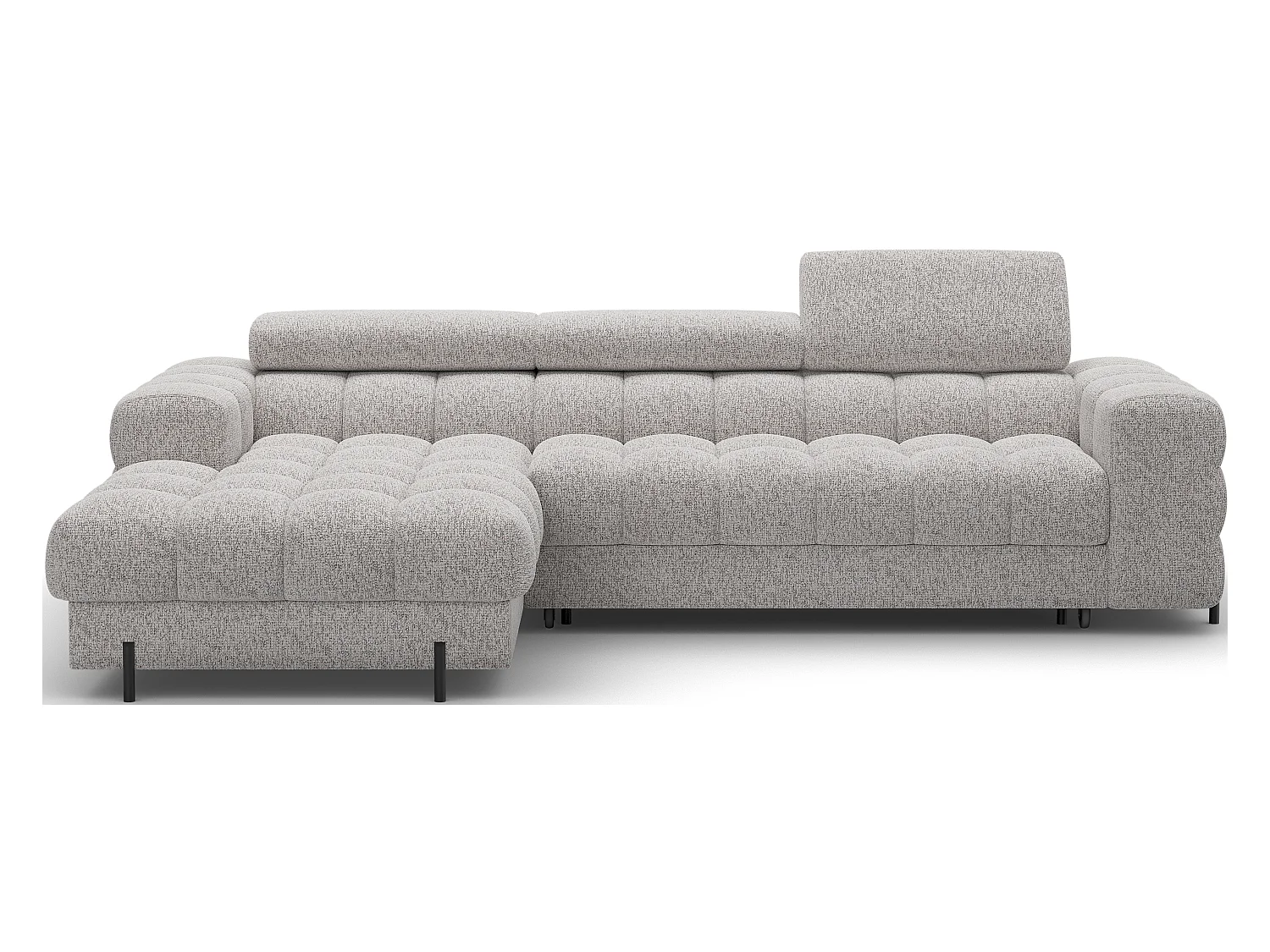 Canapé d’angle convertible tissu appuis-tête réglables KATE – Coffre et pieds métal noir-Gris clair chiné-angle gauche