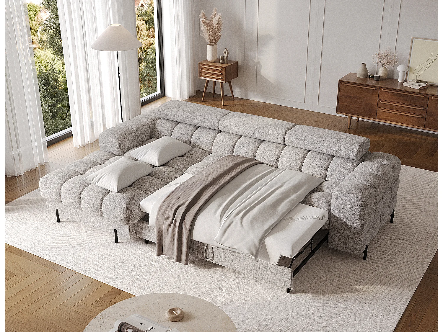 Canapé d’angle convertible tissu appuis-tête réglables KATE – Coffre et pieds métal noir-Gris clair chiné-angle gauche