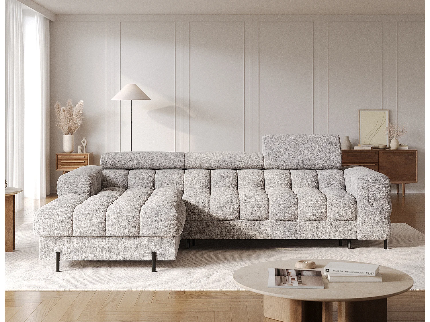 Canapé d’angle convertible tissu appuis-tête réglables KATE – Coffre et pieds métal noir-Gris clair chiné-angle gauche