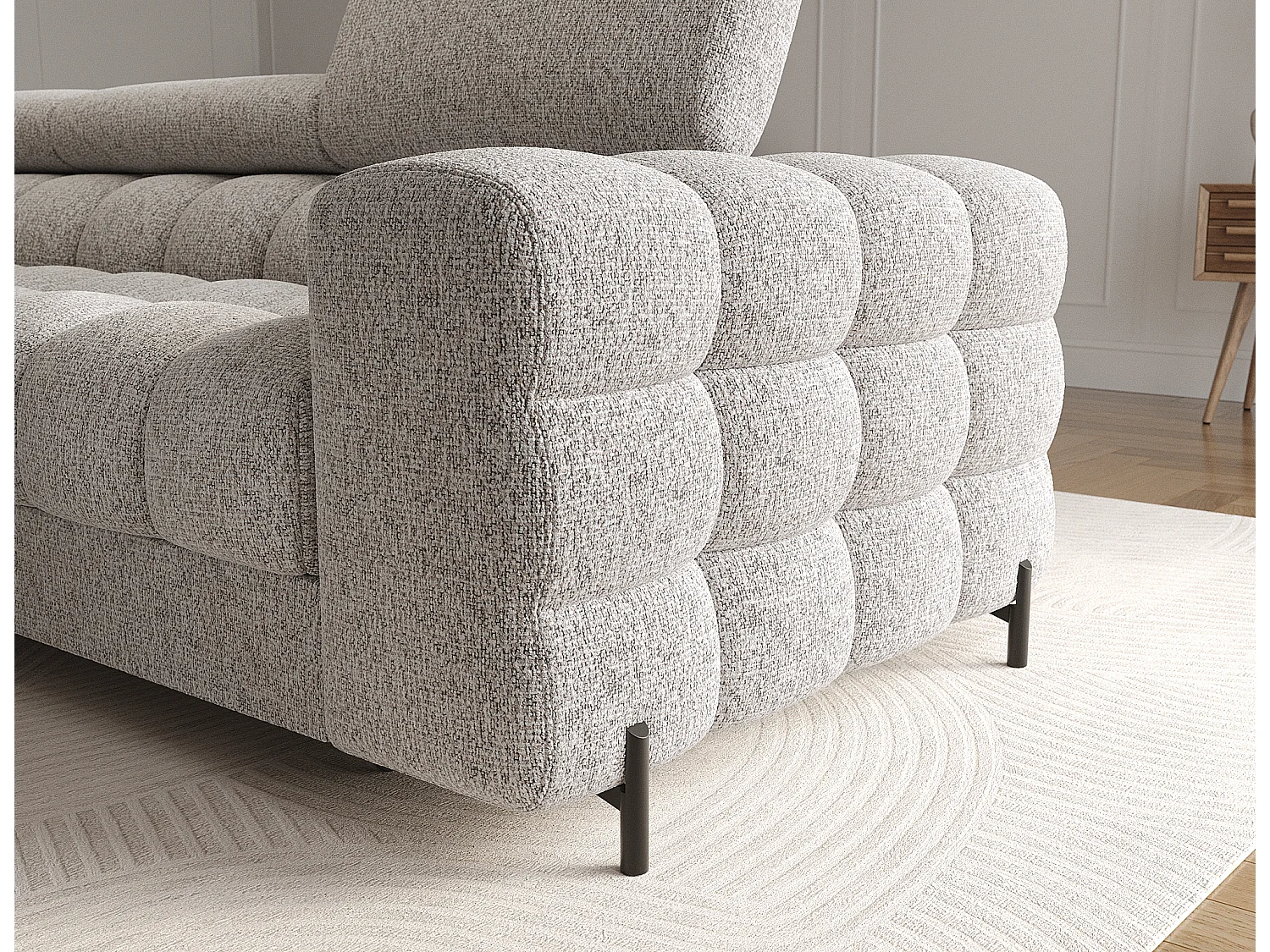 Canapé d’angle convertible tissu appuis-tête réglables KATE – Coffre et pieds métal noir-Gris clair chiné-angle gauche