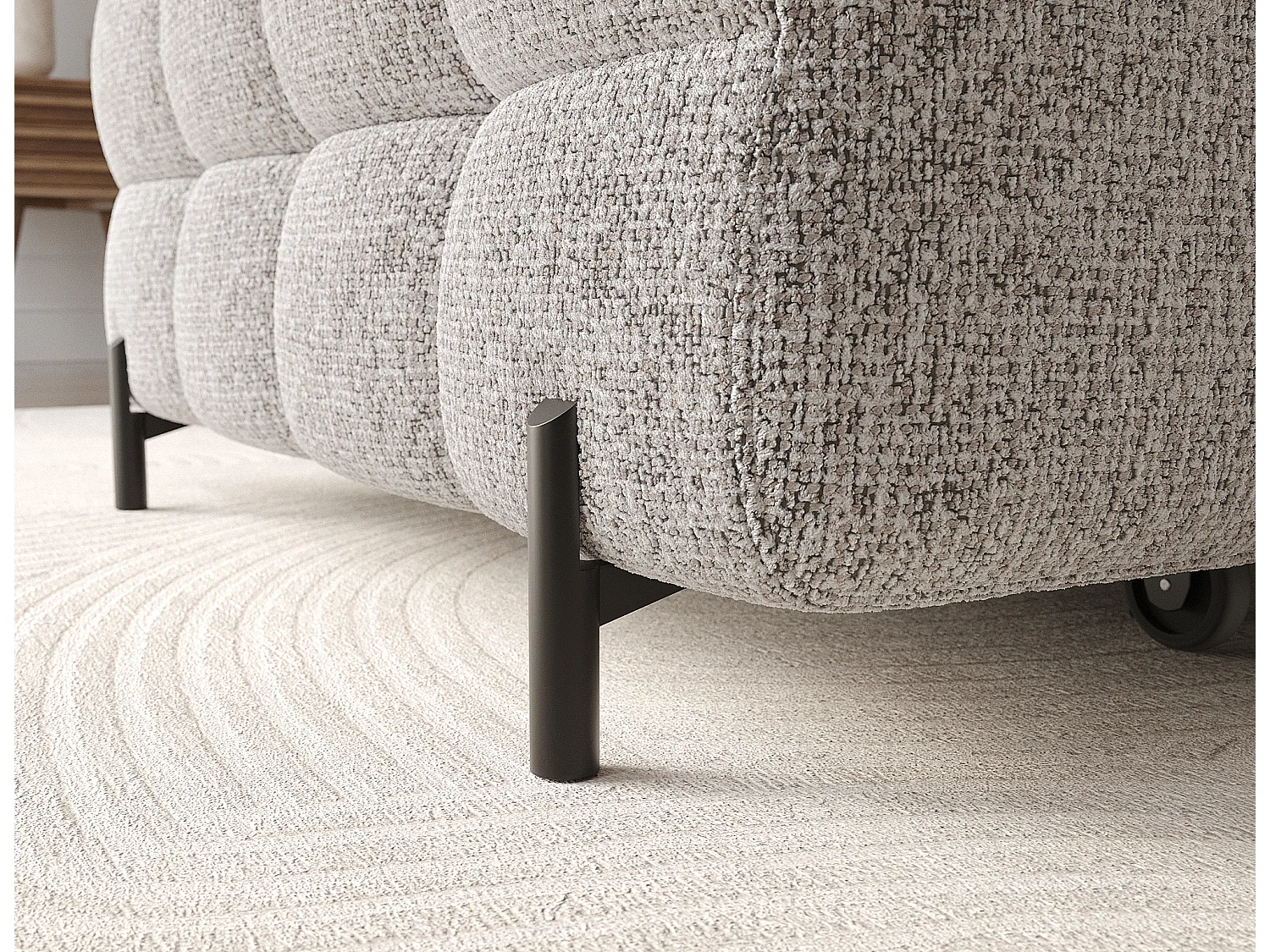 Canapé d’angle convertible tissu appuis-tête réglables KATE – Coffre et pieds métal noir-Gris clair chiné-angle gauche