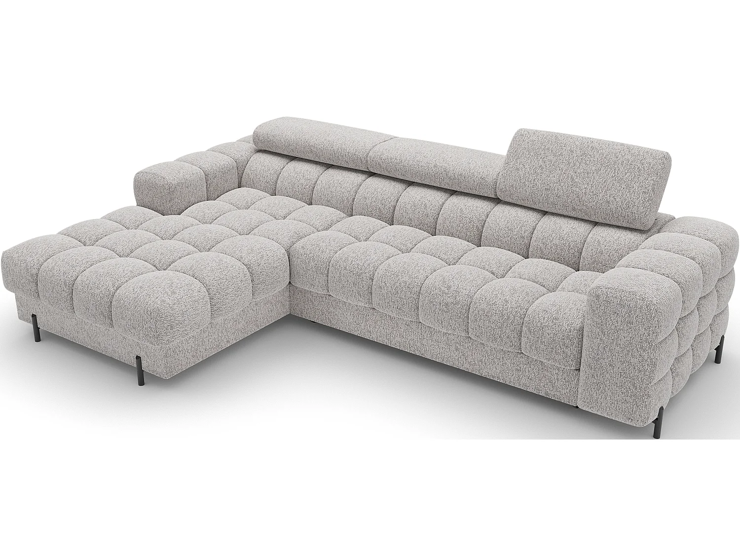 Canapé d’angle convertible tissu appuis-tête réglables KATE – Coffre et pieds métal noir-Gris clair chiné-angle gauche