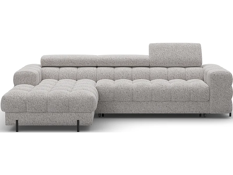 Canapé d’angle convertible tissu appuis-tête réglables KATE – Coffre et pieds métal noir-Gris clair chiné-angle gauche