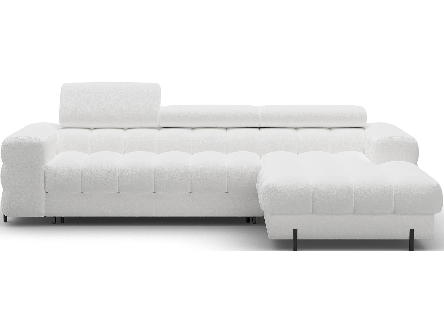 Canapé d’angle convertible tissu appuis-tête réglables KATE – Coffre et pieds métal noir-Blanc-angle droit
