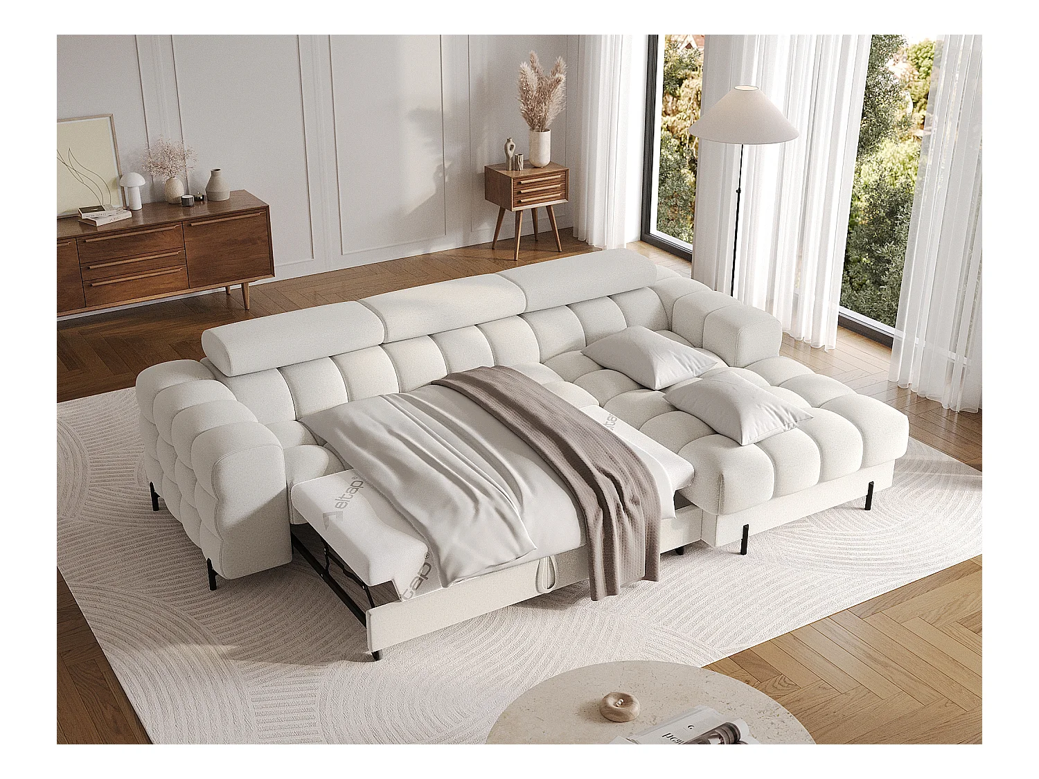 Canapé d’angle convertible tissu appuis-tête réglables KATE – Coffre et pieds métal noir-Blanc-angle droit