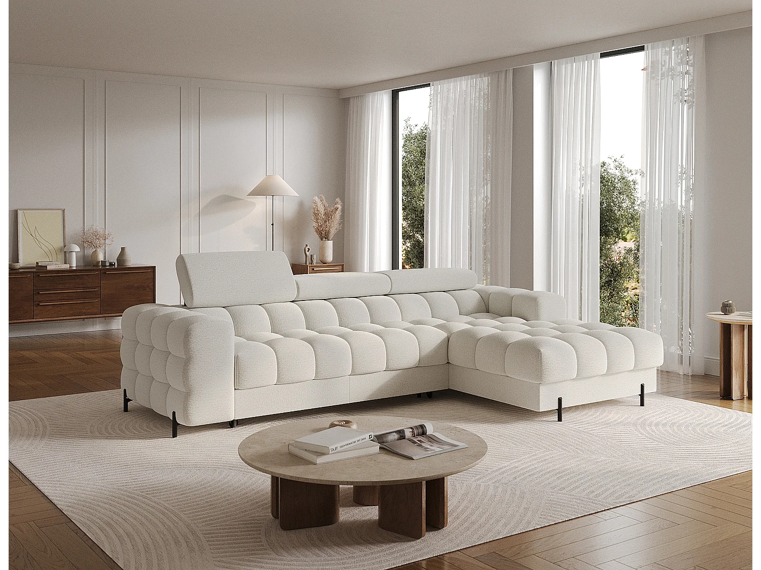 Canapé d’angle convertible tissu appuis-tête réglables KATE – Coffre et pieds métal noir-Blanc-angle droit