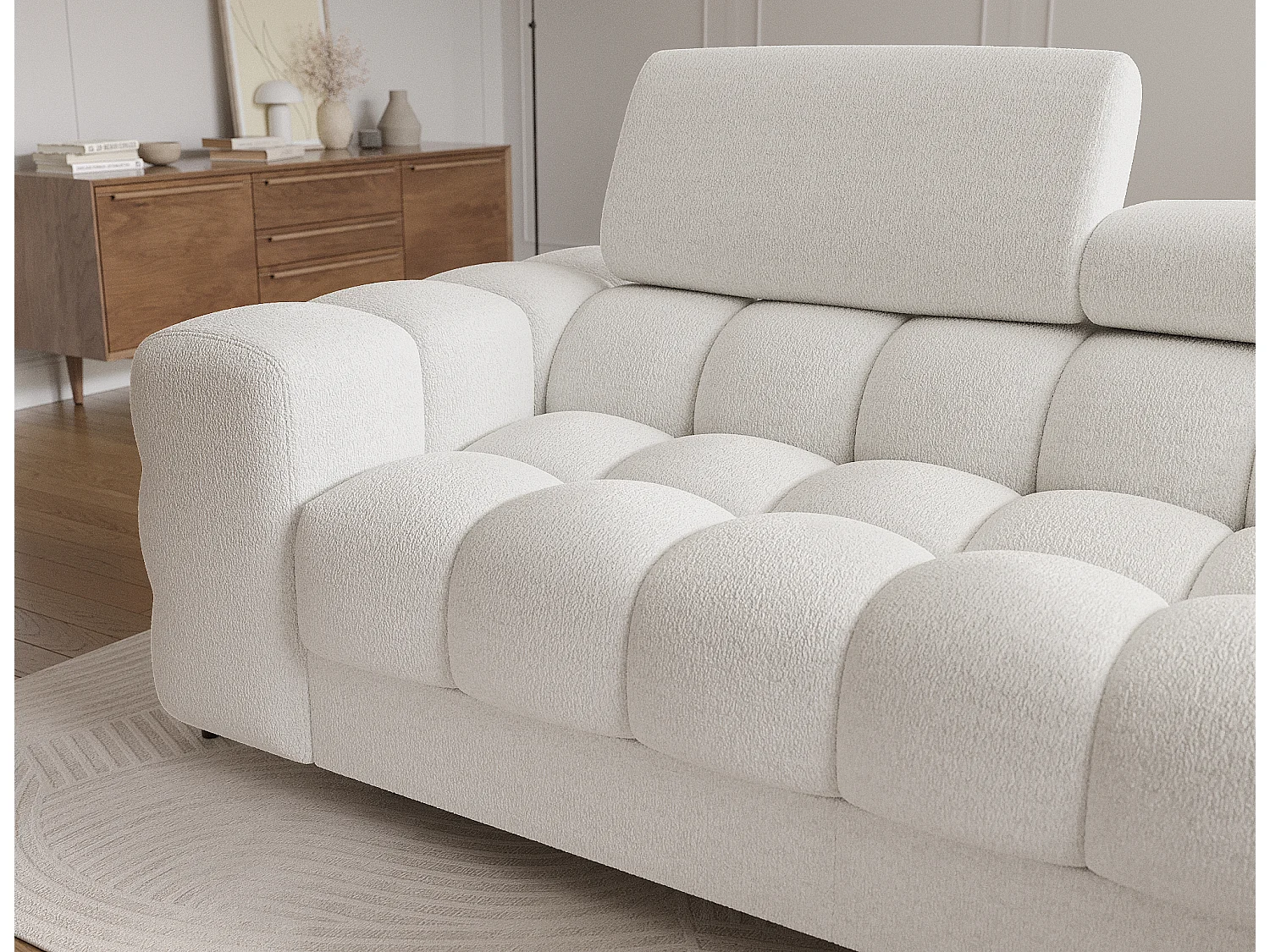 Canapé d’angle convertible tissu appuis-tête réglables KATE – Coffre et pieds métal noir-Blanc-angle droit