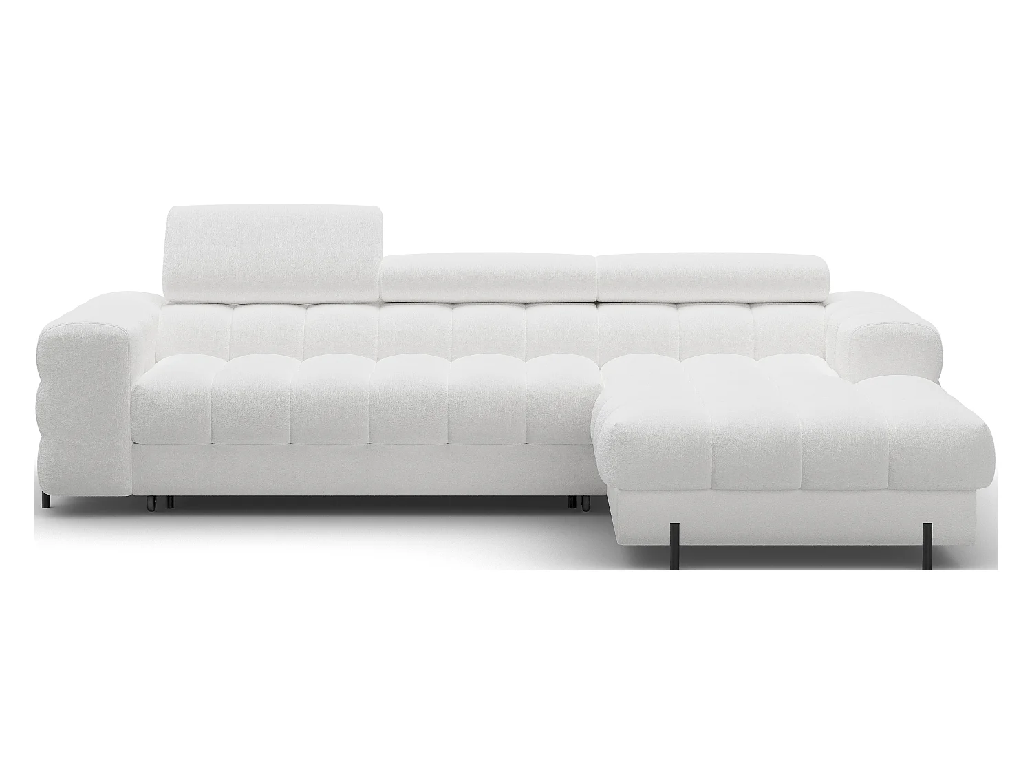 Canapé d’angle convertible tissu appuis-tête réglables KATE – Coffre et pieds métal noir-Blanc-angle droit