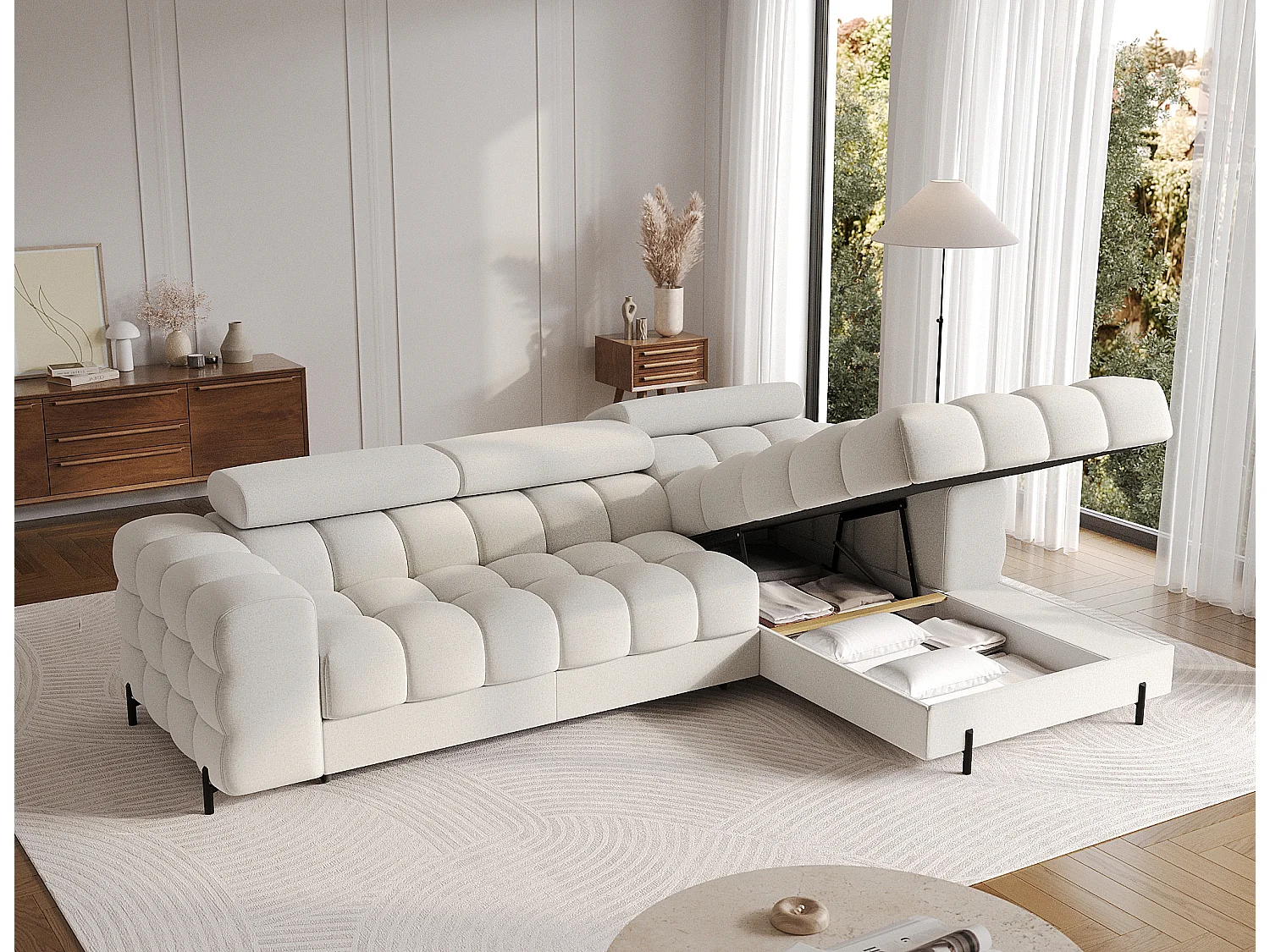 Canapé d’angle convertible tissu appuis-tête réglables KATE – Coffre et pieds métal noir-Blanc-angle droit