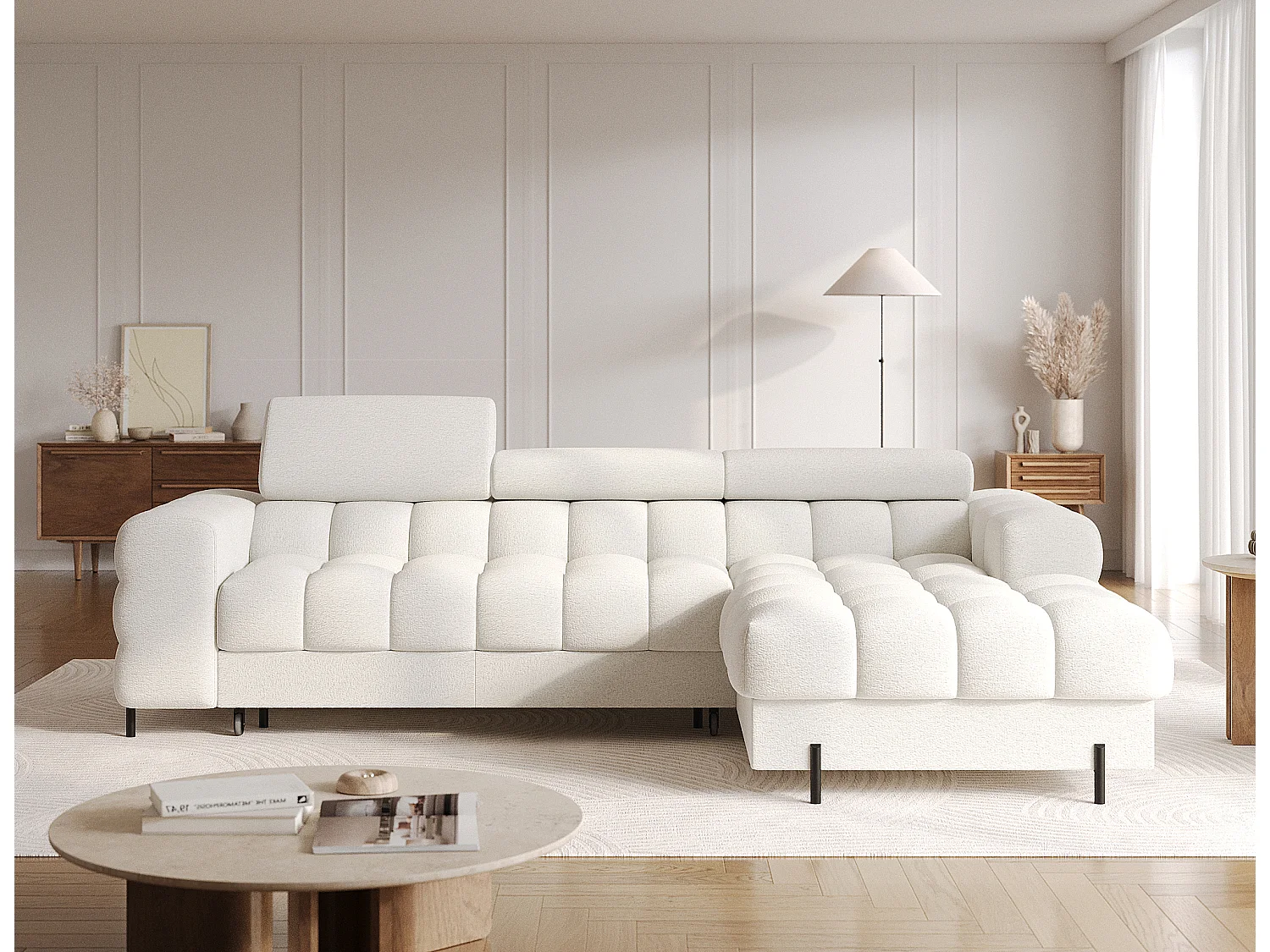 Canapé d’angle convertible tissu appuis-tête réglables KATE – Coffre et pieds métal noir-Blanc-angle droit