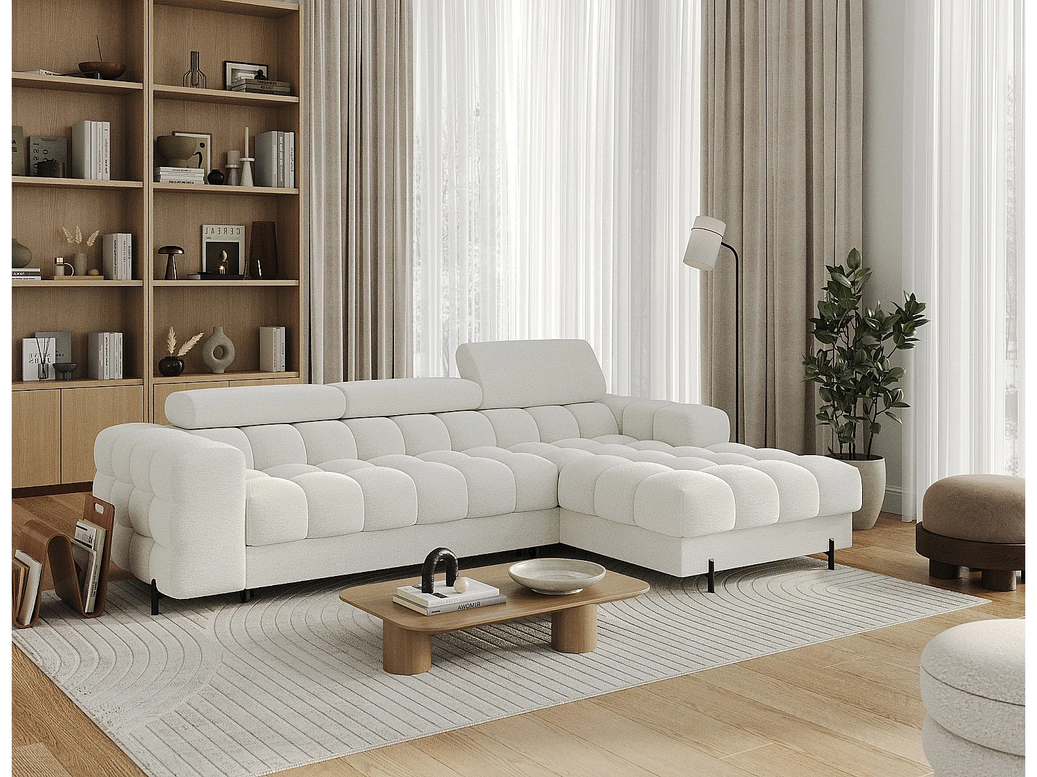 Canapé d’angle convertible tissu appuis-tête réglables KATE – Coffre et pieds métal noir-Blanc-angle droit