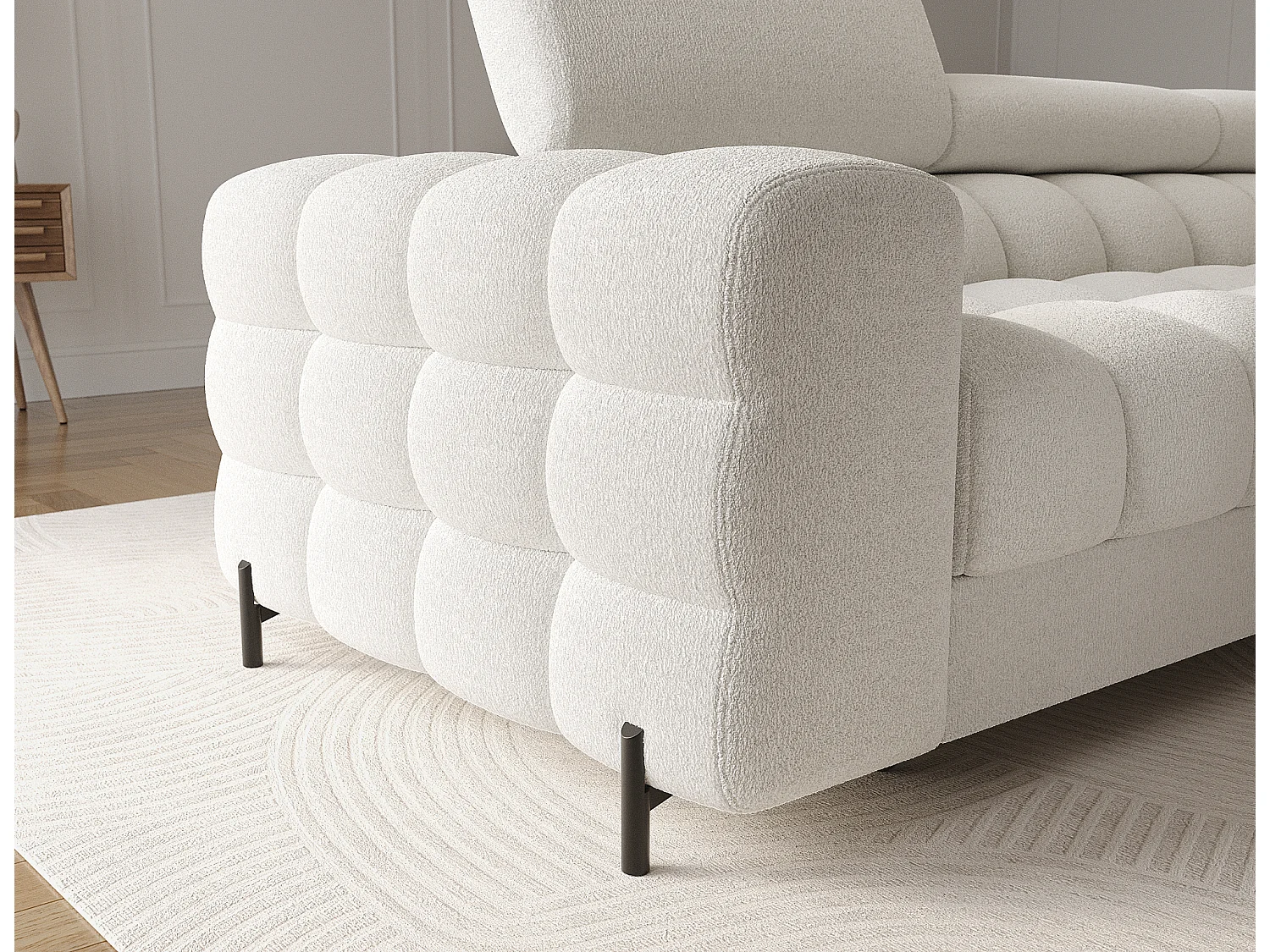 Canapé d’angle convertible tissu appuis-tête réglables KATE – Coffre et pieds métal noir-Blanc-angle droit