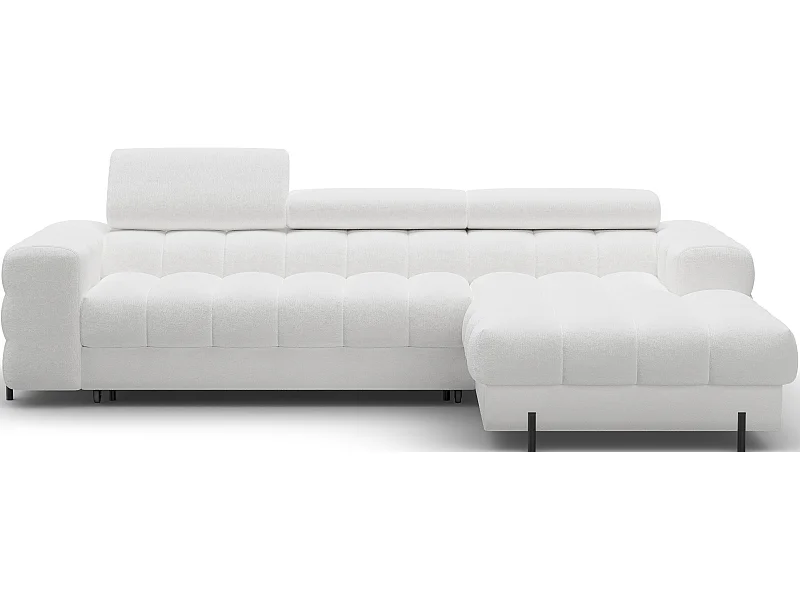 Canapé d’angle convertible tissu appuis-tête réglables KATE – Coffre et pieds métal noir-Blanc-angle droit