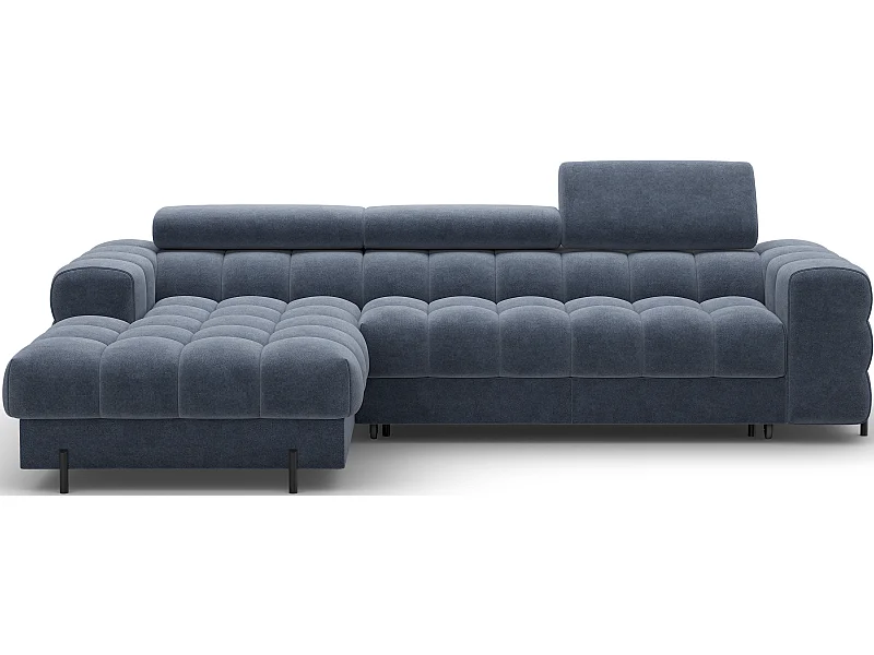 Canapé d’angle convertible velours appuis-tête réglables KATE – Coffre et pieds métal noir-Bleu marine-angle gauche