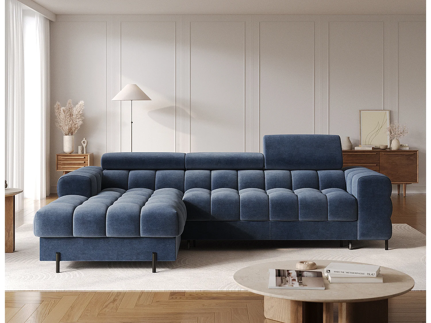 Canapé d’angle convertible velours appuis-tête réglables KATE – Coffre et pieds métal noir-Bleu marine-angle gauche