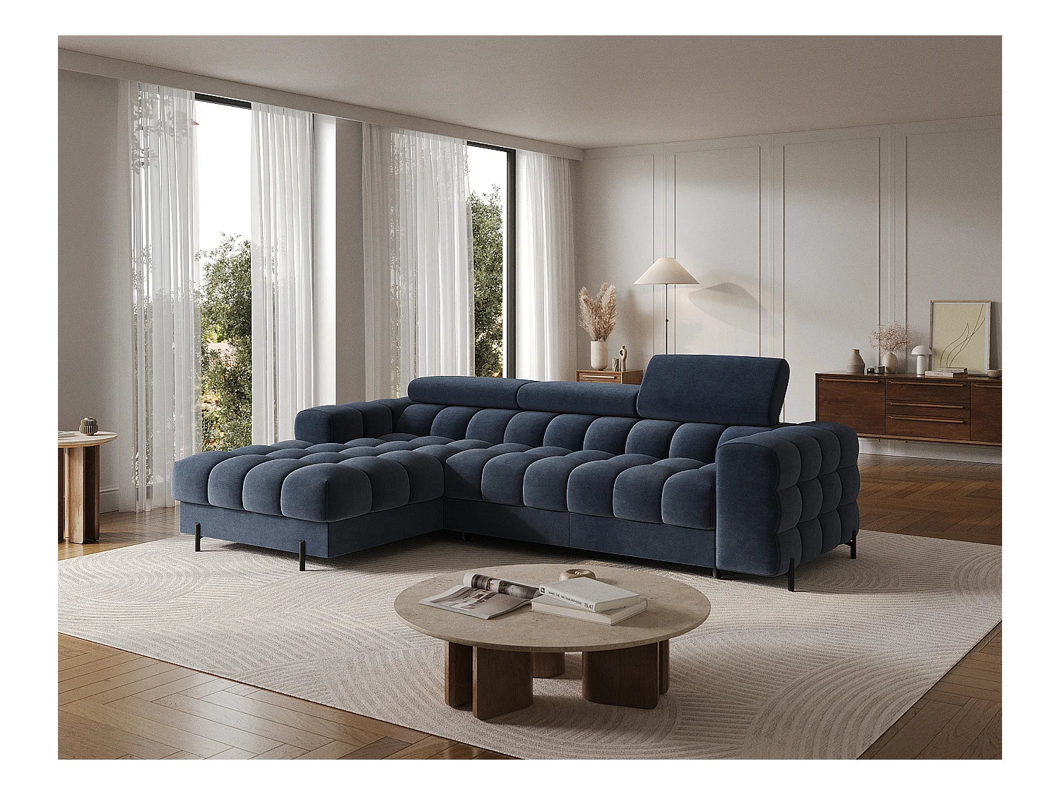 Canapé d’angle convertible velours appuis-tête réglables KATE – Coffre et pieds métal noir-Bleu marine-angle gauche