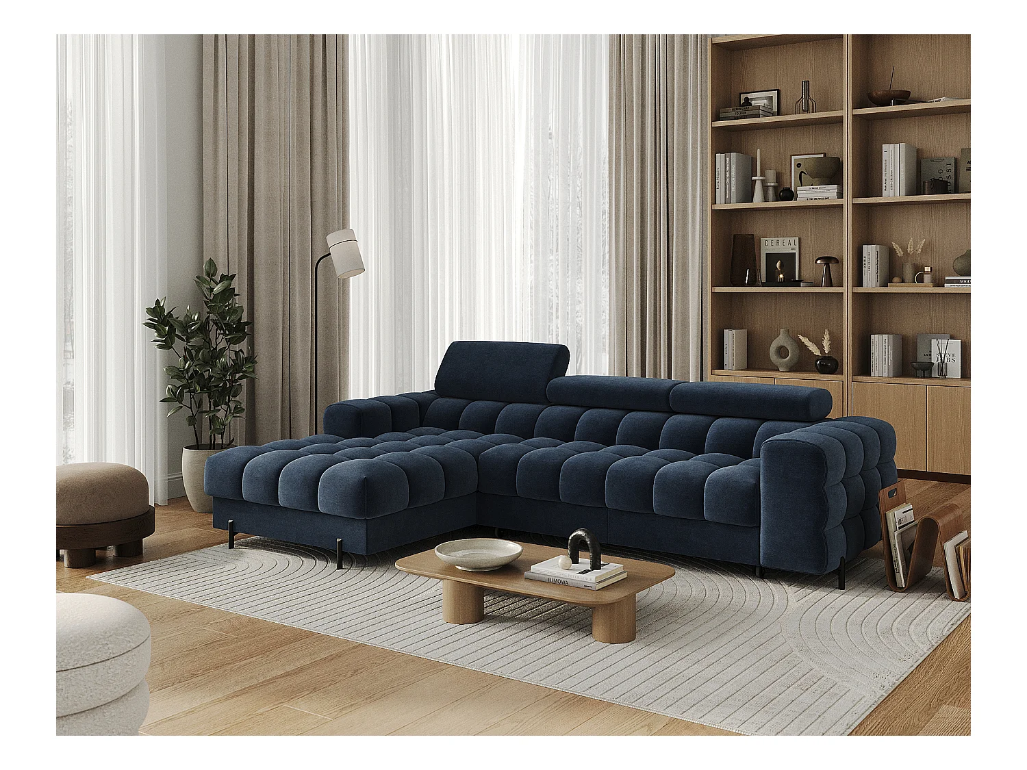 Canapé d’angle convertible velours appuis-tête réglables KATE – Coffre et pieds métal noir-Bleu marine-angle gauche