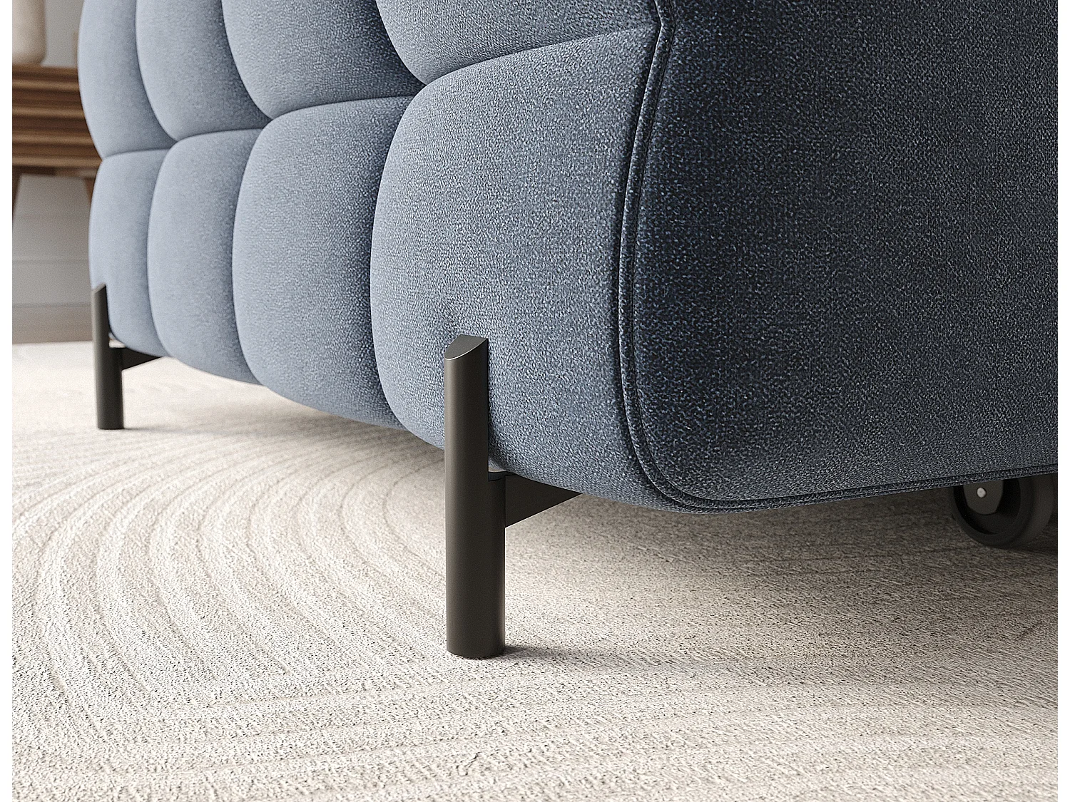 Canapé d’angle convertible velours appuis-tête réglables KATE – Coffre et pieds métal noir-Bleu marine-angle gauche