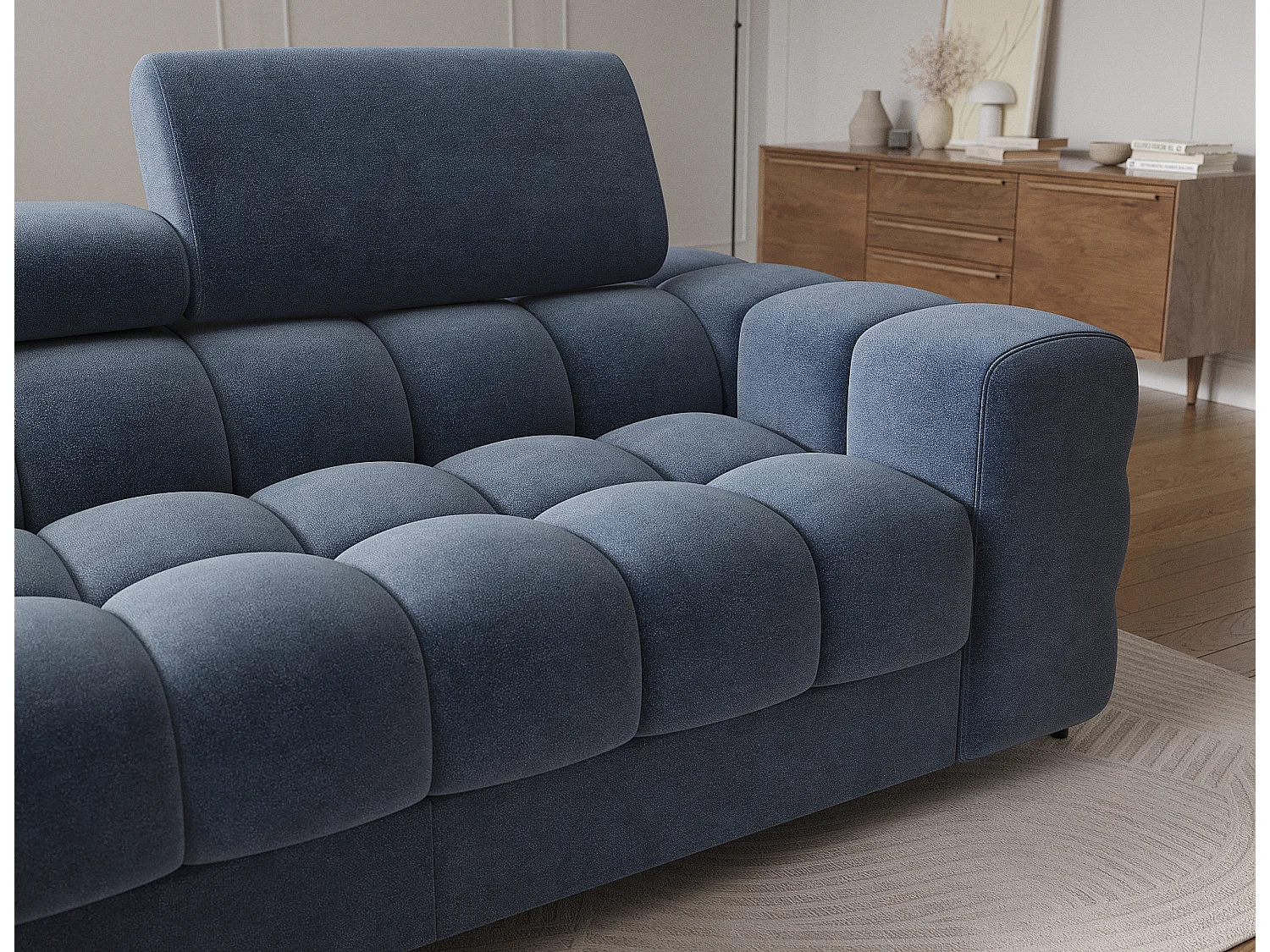 Canapé d’angle convertible velours appuis-tête réglables KATE – Coffre et pieds métal noir-Bleu marine-angle gauche