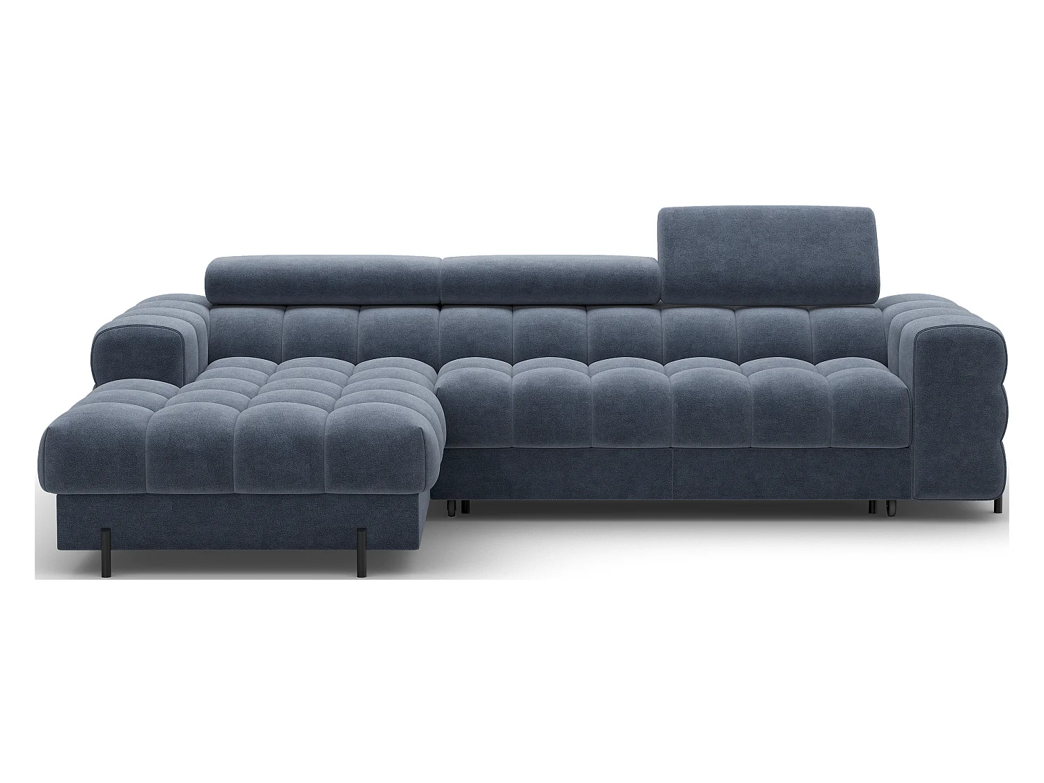 Canapé d’angle convertible velours appuis-tête réglables KATE – Coffre et pieds métal noir-Bleu marine-angle gauche
