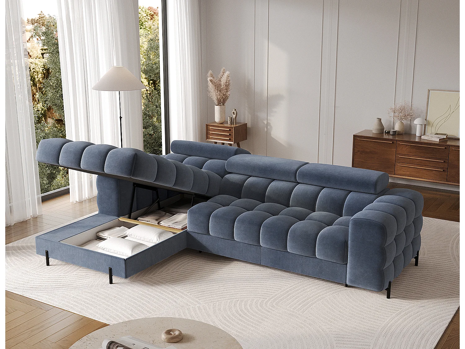 Canapé d’angle convertible velours appuis-tête réglables KATE – Coffre et pieds métal noir-Bleu marine-angle gauche