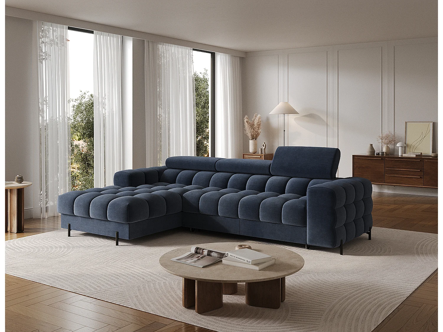 Canapé d’angle convertible velours appuis-tête réglables KATE – Coffre et pieds métal noir-Bleu marine-angle gauche