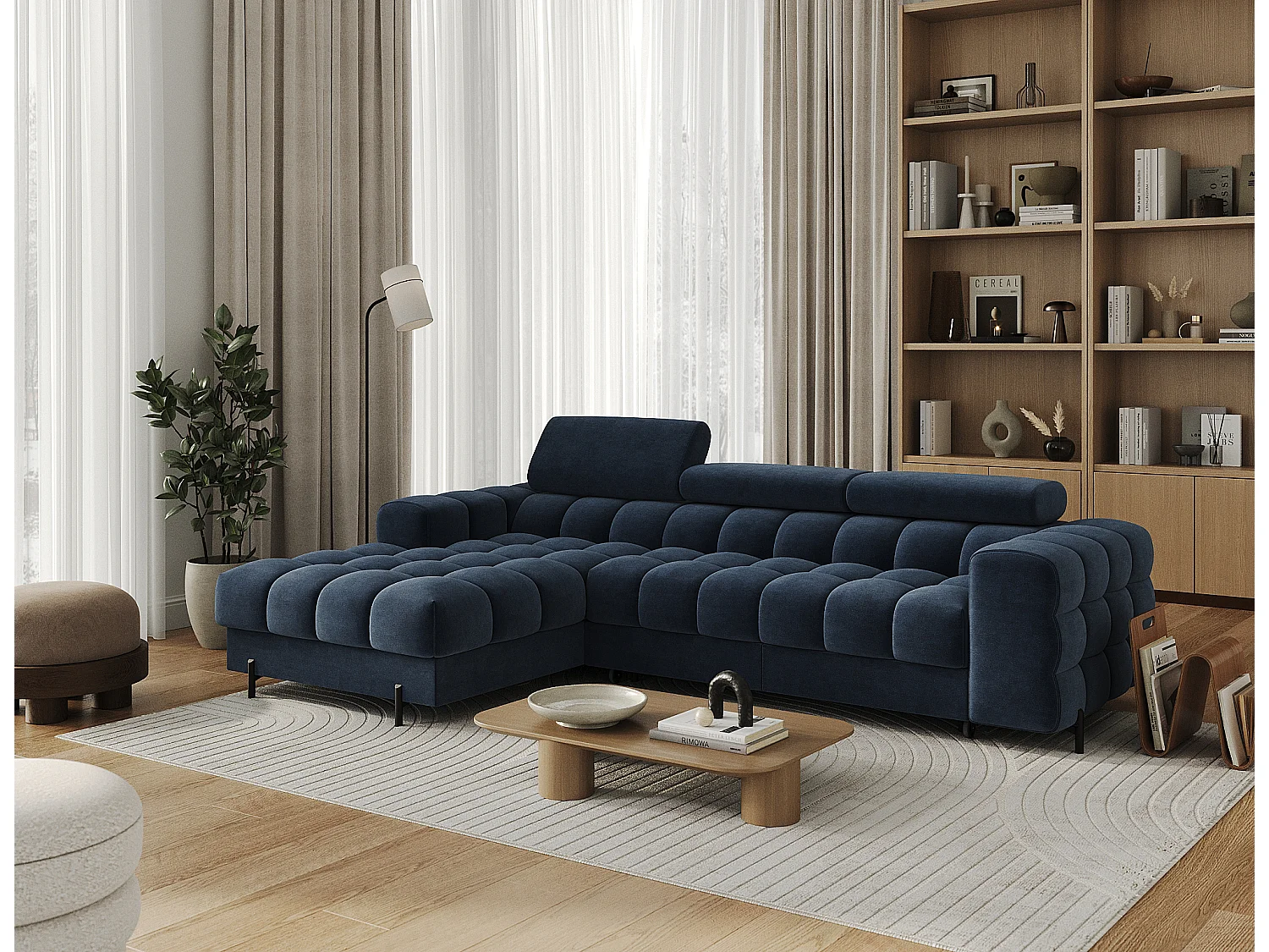 Canapé d’angle convertible velours appuis-tête réglables KATE – Coffre et pieds métal noir-Bleu marine-angle gauche