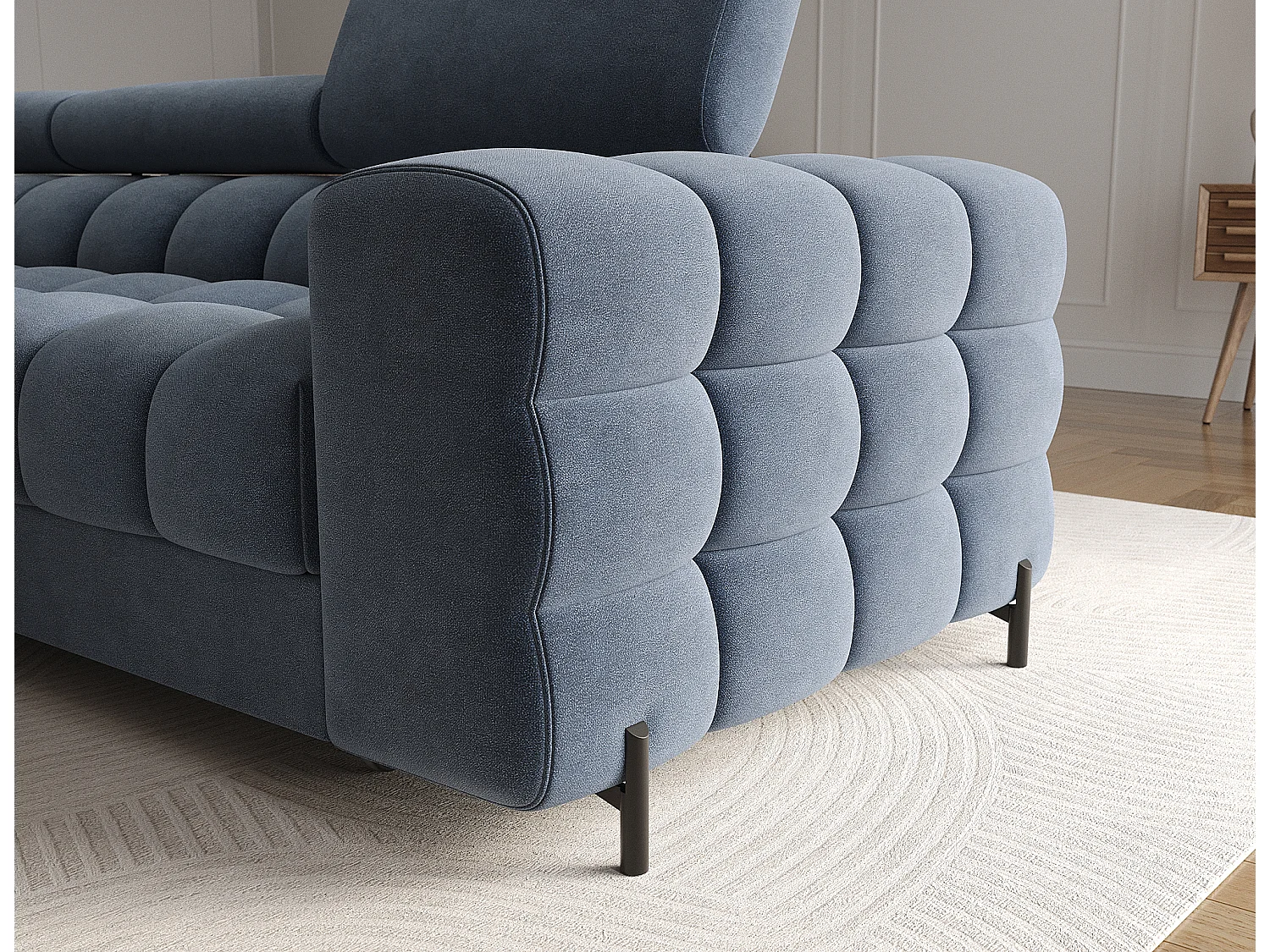 Canapé d’angle convertible velours appuis-tête réglables KATE – Coffre et pieds métal noir-Bleu marine-angle gauche