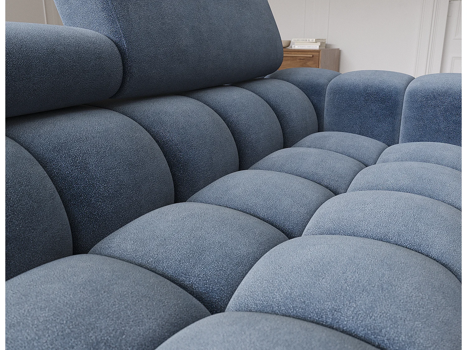 Canapé d’angle convertible velours appuis-tête réglables KATE – Coffre et pieds métal noir-Bleu marine-angle gauche