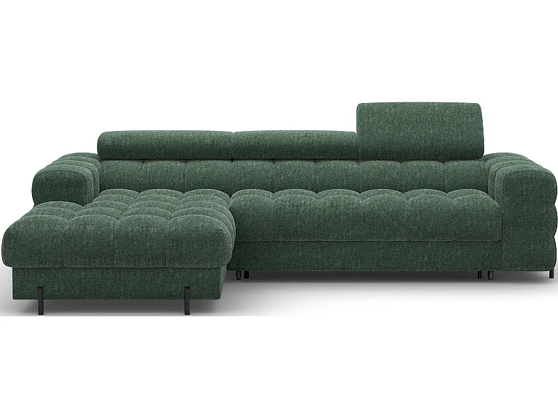 Canapé d’angle convertible tissu appuis-tête réglables KATE – Coffre et pieds métal noir-Vert sapin-angle gauche