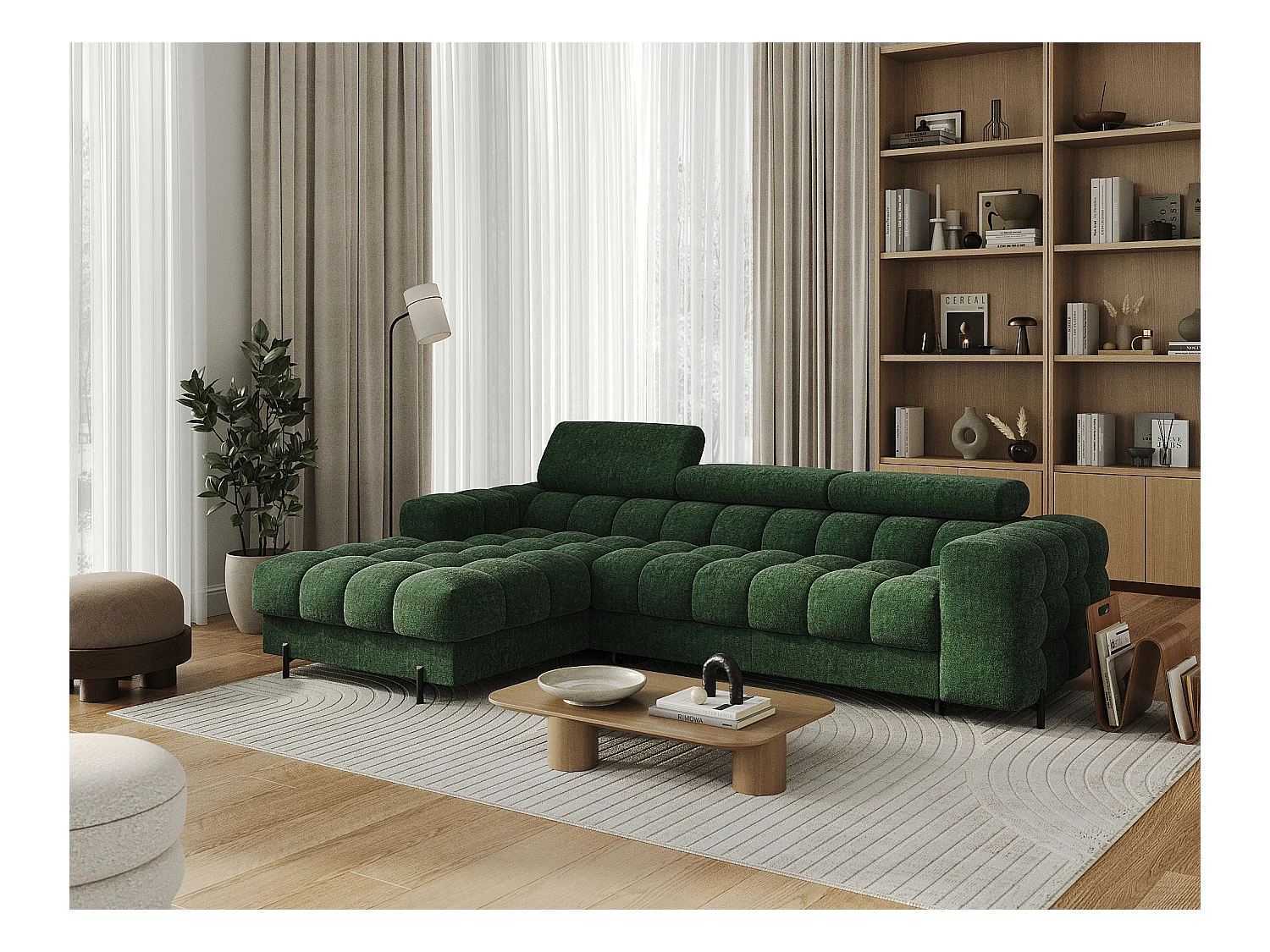 Canapé d’angle convertible tissu appuis-tête réglables KATE – Coffre et pieds métal noir-Vert sapin-angle gauche