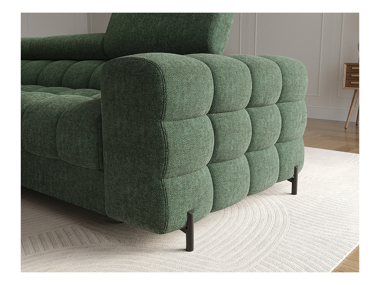 Canapé d’angle convertible tissu appuis-tête réglables KATE – Coffre et pieds métal noir-Vert sapin-angle gauche