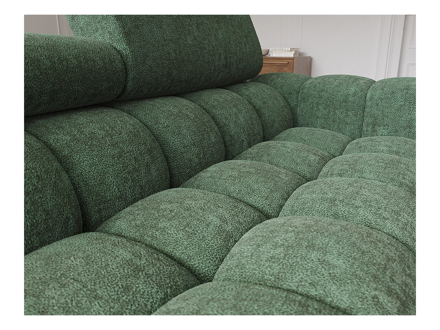 Canapé d’angle convertible tissu appuis-tête réglables KATE – Coffre et pieds métal noir-Vert sapin-angle gauche