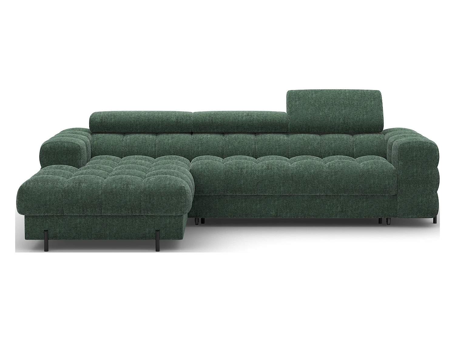 Canapé d’angle convertible tissu appuis-tête réglables KATE – Coffre et pieds métal noir-Vert sapin-angle gauche