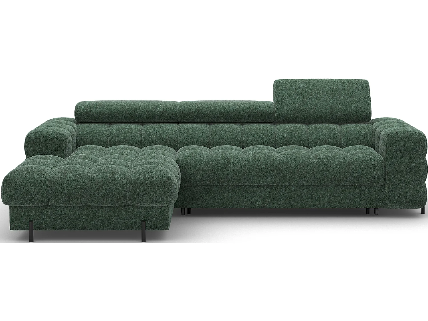 Canapé d’angle convertible tissu appuis-tête réglables KATE – Coffre et pieds métal noir-Vert sapin-angle gauche