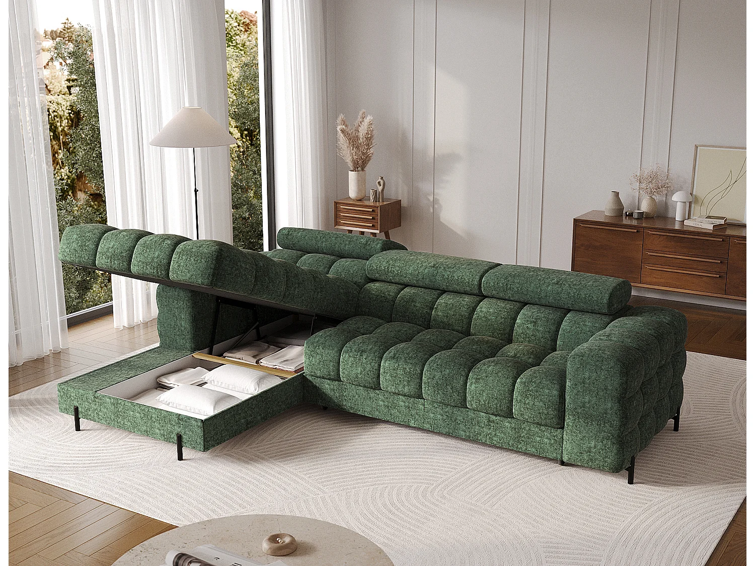 Canapé d’angle convertible tissu appuis-tête réglables KATE – Coffre et pieds métal noir-Vert sapin-angle gauche