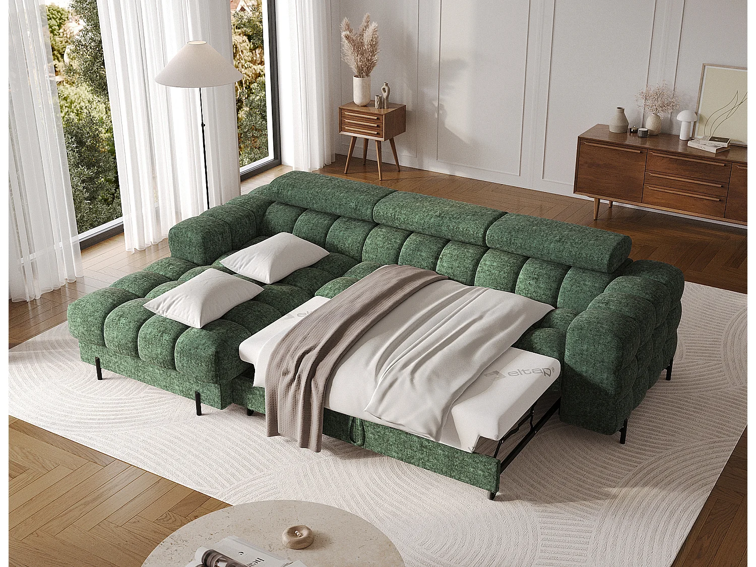 Canapé d’angle convertible tissu appuis-tête réglables KATE – Coffre et pieds métal noir-Vert sapin-angle gauche