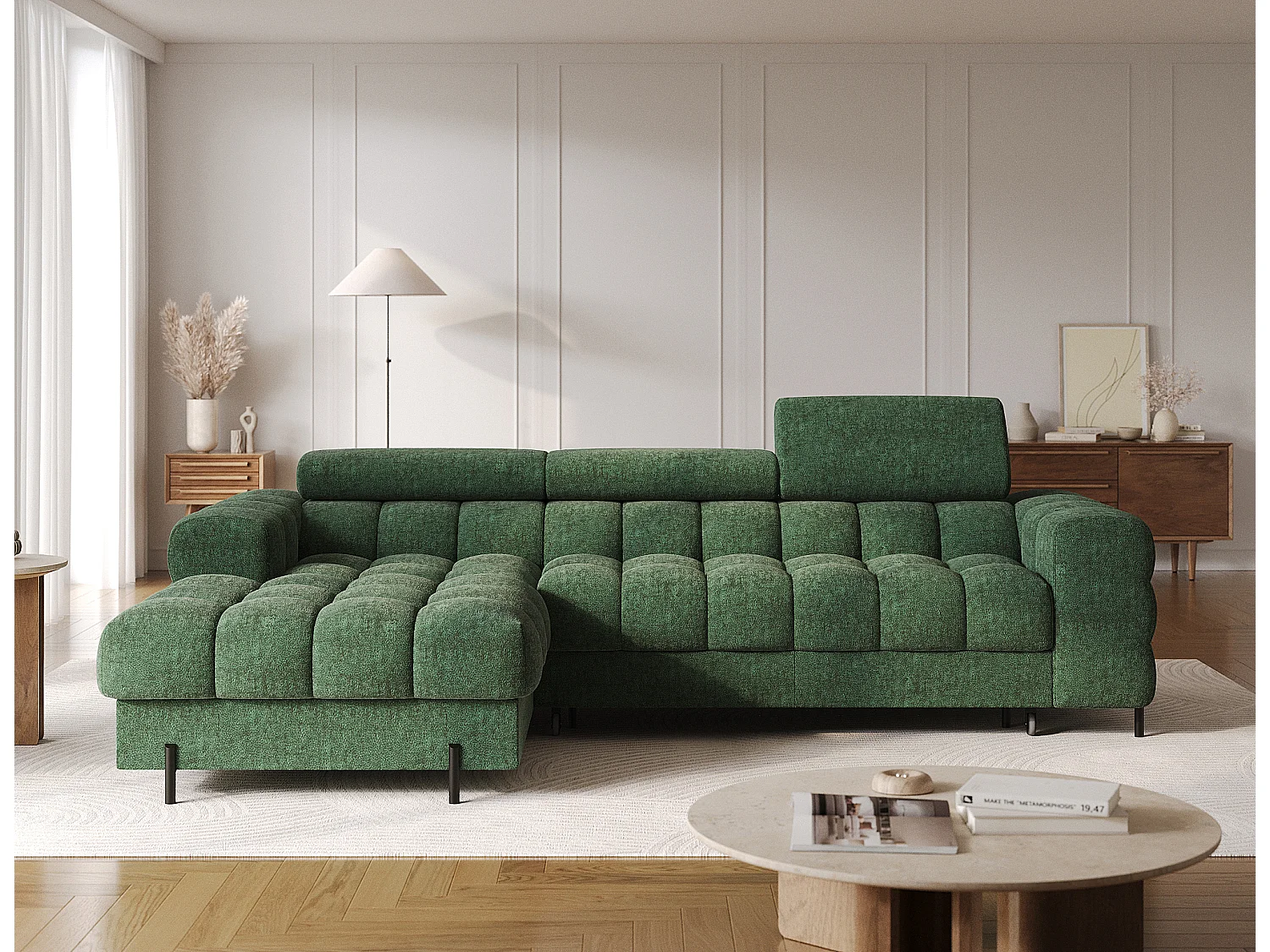 Canapé d’angle convertible tissu appuis-tête réglables KATE – Coffre et pieds métal noir-Vert sapin-angle gauche