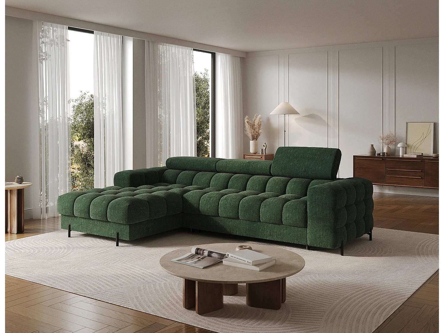 Canapé d’angle convertible tissu appuis-tête réglables KATE – Coffre et pieds métal noir-Vert sapin-angle gauche