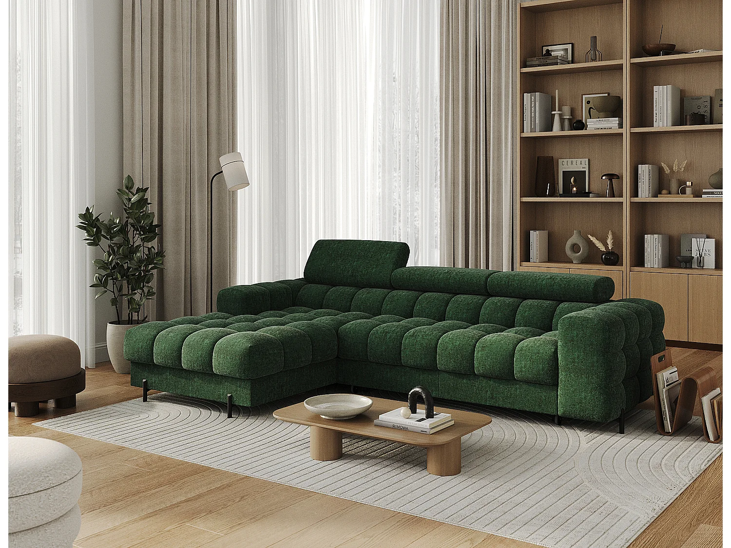 Canapé d’angle convertible tissu appuis-tête réglables KATE – Coffre et pieds métal noir-Vert sapin-angle gauche