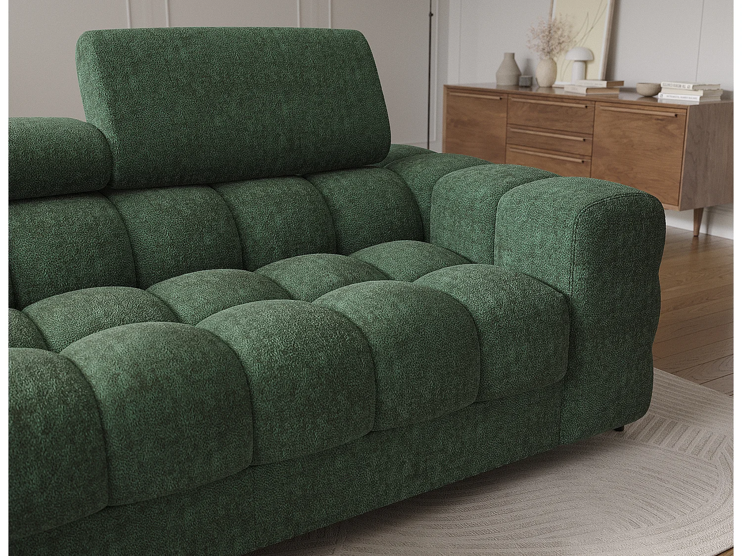 Canapé d’angle convertible tissu appuis-tête réglables KATE – Coffre et pieds métal noir-Vert sapin-angle gauche