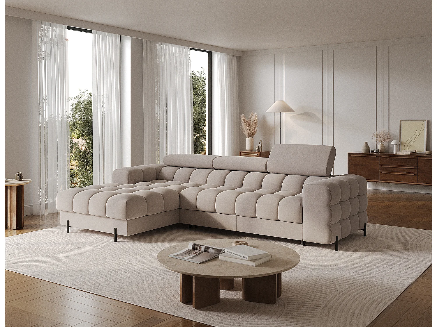 Canapé d’angle convertible velours appuis-tête réglables KATE – Coffre et pieds métal noir-Taupe-angle gauche