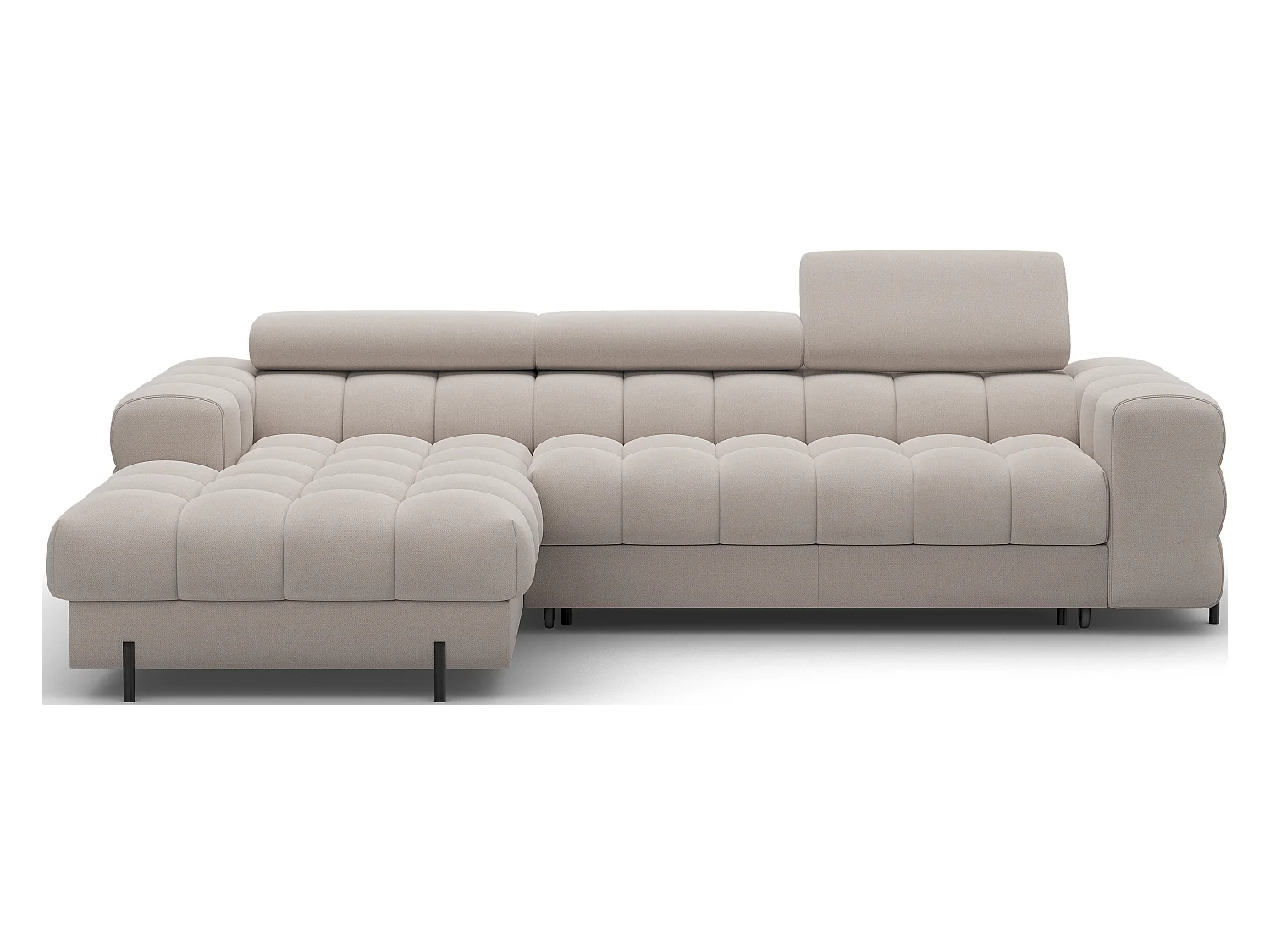 Canapé d’angle convertible velours appuis-tête réglables KATE – Coffre et pieds métal noir-Taupe-angle gauche