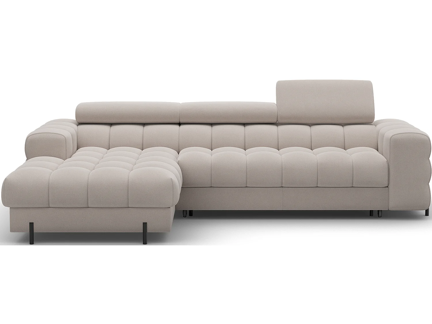 Canapé d’angle convertible velours appuis-tête réglables KATE – Coffre et pieds métal noir-Taupe-angle gauche