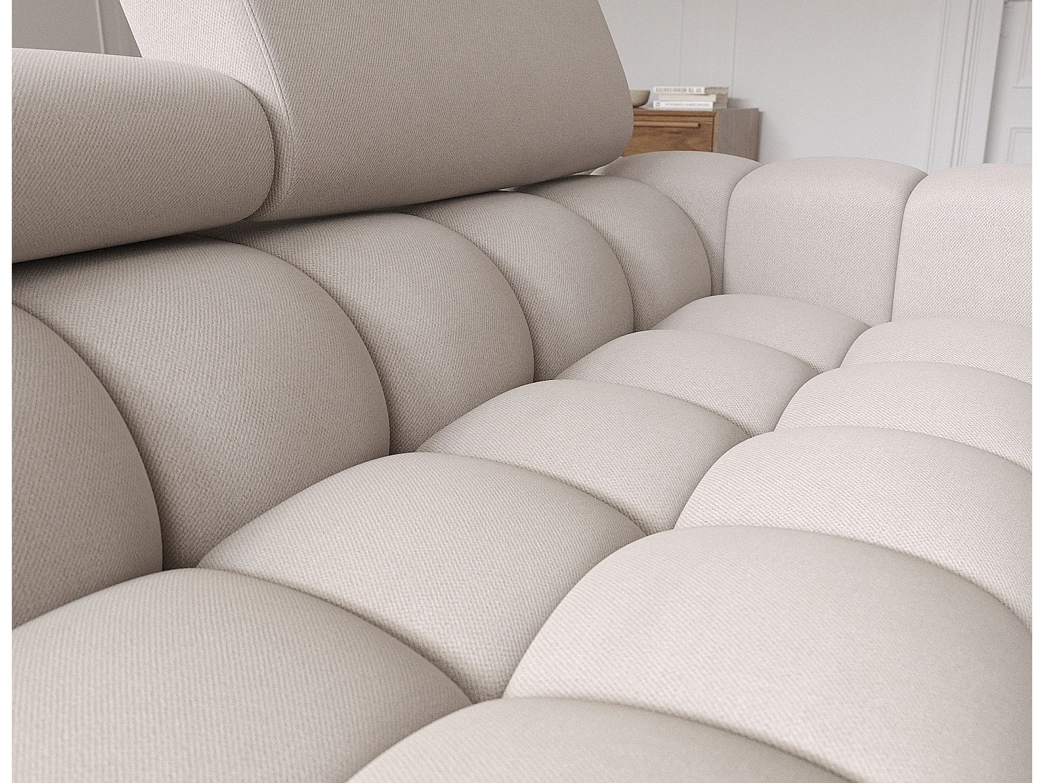 Canapé d’angle convertible velours appuis-tête réglables KATE – Coffre et pieds métal noir-Taupe-angle gauche