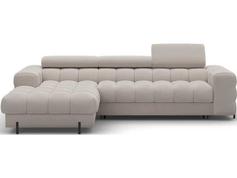 Canapé d’angle convertible velours appuis-tête réglables KATE – Coffre et pieds métal noir-Taupe-angle gauche