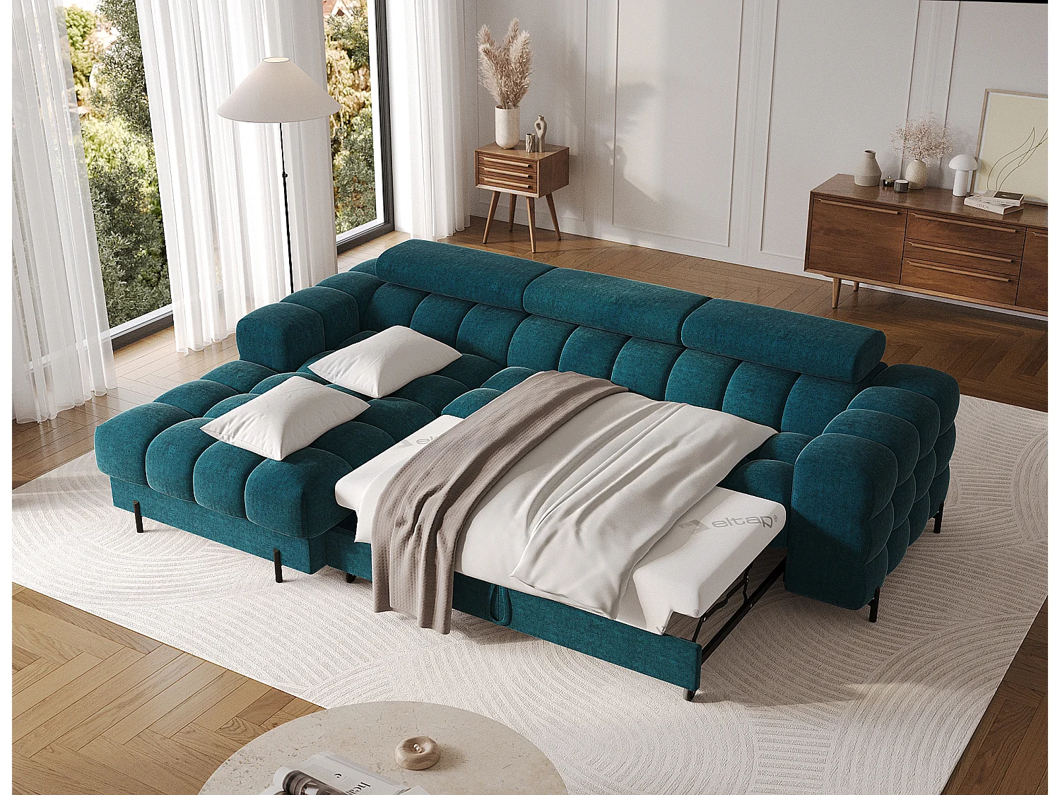 Canapé d’angle convertible tissu appuis-tête réglables KATE – Coffre et pieds métal noir-Bleu canard-angle gauche