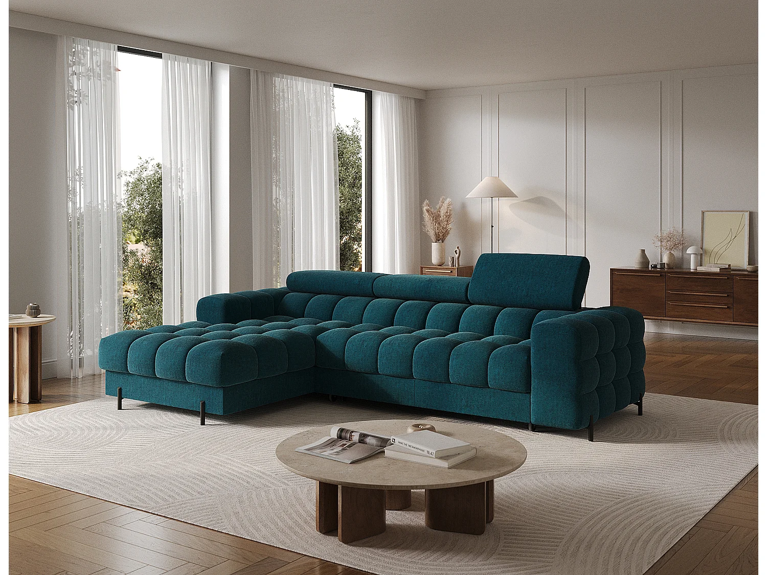 Canapé d’angle convertible tissu appuis-tête réglables KATE – Coffre et pieds métal noir-Bleu canard-angle gauche